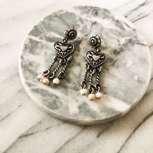 GUESS Y2K Style Heart Dangle‎ Drop Earrings Silver Toned Metal Tiny Beads